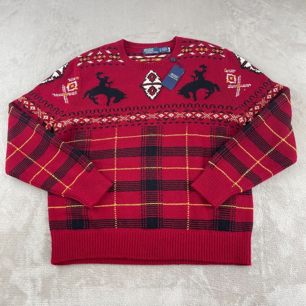 Polo Ralph Lauren Sweater Men XL Red Wool Western Inspired Aztec Cowboy NWT $498